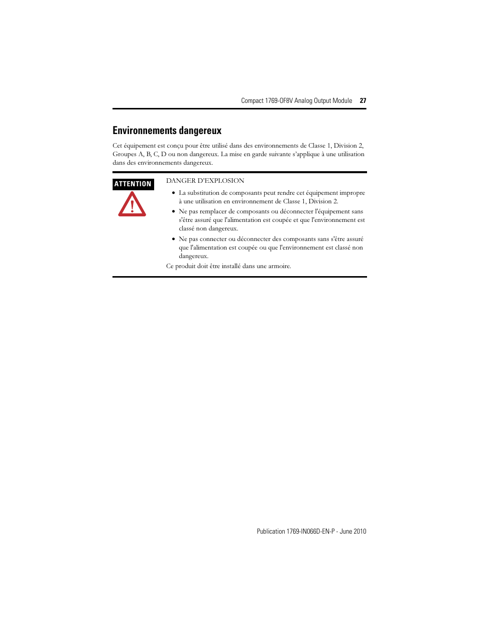 Environnements dangereux | Rockwell Automation 1769-OF8V Compact Analog Output Module User Manual | Page 27 / 32