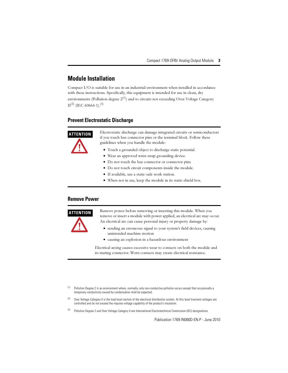 Module installation, Prevent electrostatic discharge remove power | Rockwell Automation 1769-OF8V Compact Analog Output Module User Manual | Page 3 / 32