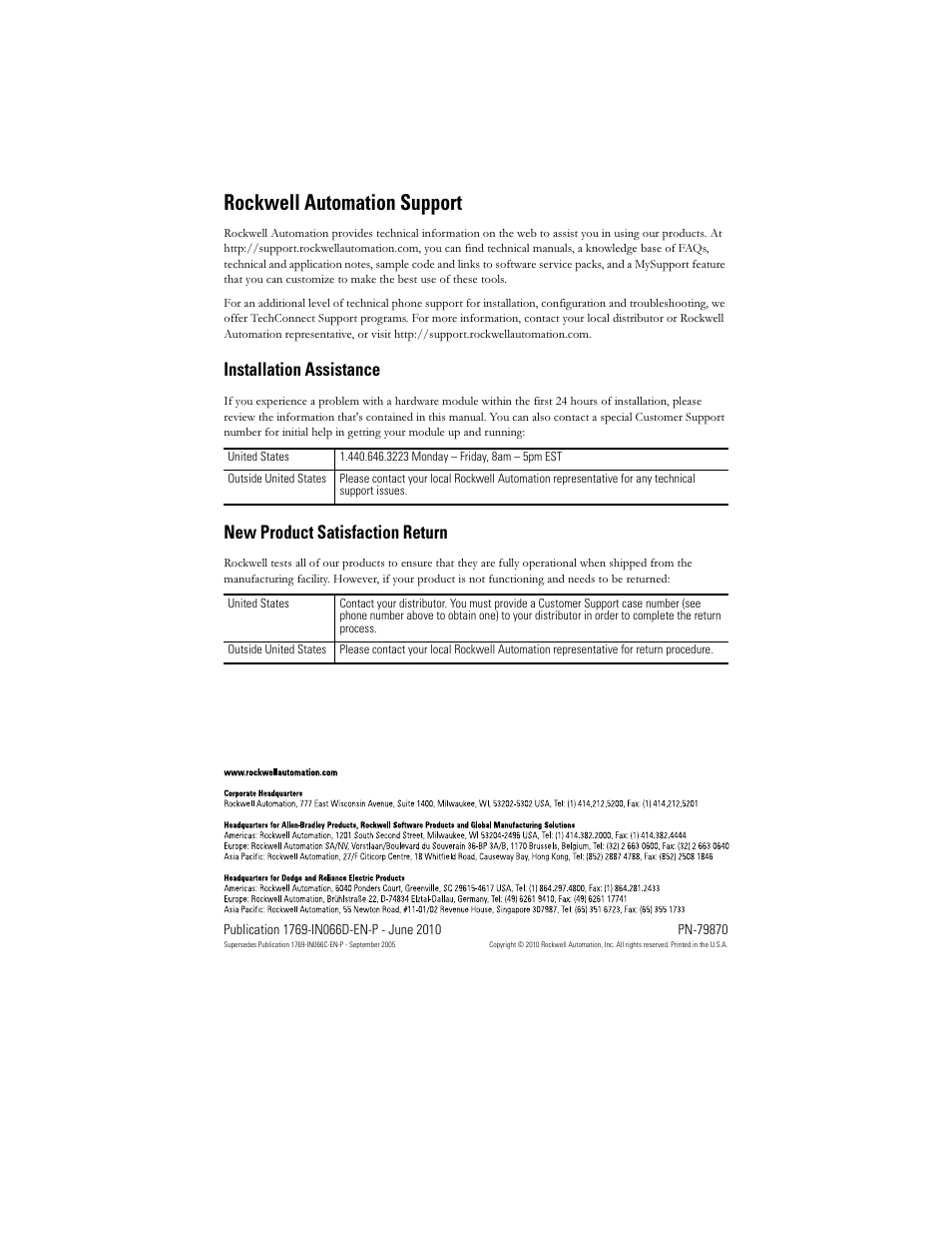 Back cover, Rockwell automation support, Installation assistance | New product satisfaction return | Rockwell Automation 1769-OF8V Compact Analog Output Module User Manual | Page 32 / 32