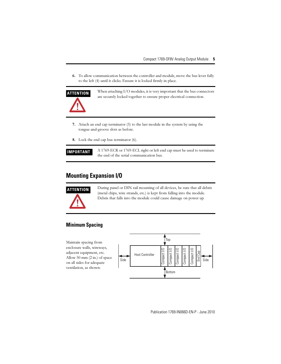 Mounting expansion i/o, Minimum spacing | Rockwell Automation 1769-OF8V Compact Analog Output Module User Manual | Page 5 / 32