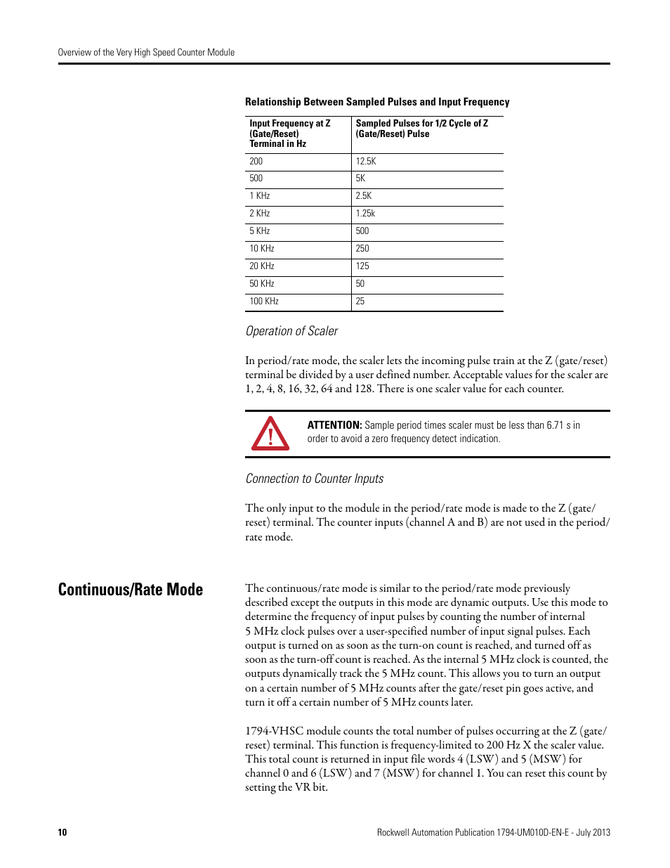 Operation of scaler, Connection to counter inputs, Continuous/rate mode | Operation of scaler connection to counter inputs | Rockwell Automation 1794-VHSC 1794 FLEX I/O Very High Speed Counter Module User Manual User Manual | Page 18 / 68