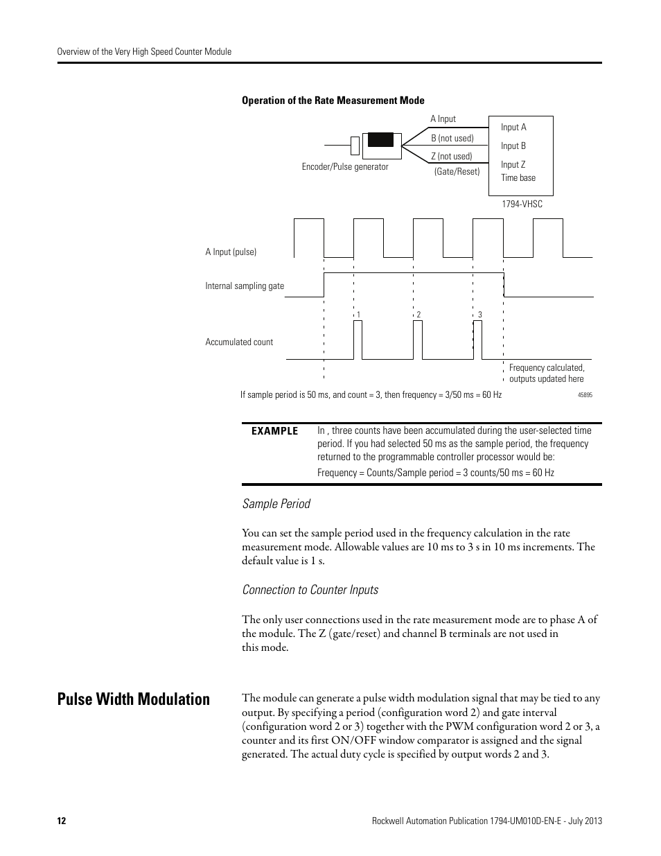 Sample period, Connection to counter inputs, Pulse width modulation | Sample period connection to counter inputs, Operation of the rate measurement | Rockwell Automation 1794-VHSC 1794 FLEX I/O Very High Speed Counter Module User Manual User Manual | Page 20 / 68