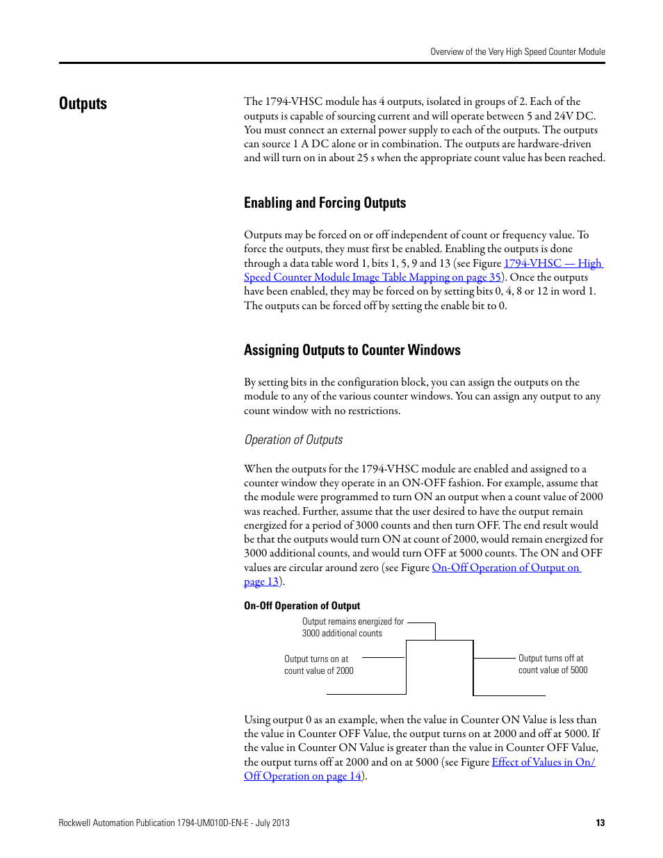 Outputs, Enabling and forcing outputs, Assigning outputs to counter windows | Operation of outputs | Rockwell Automation 1794-VHSC 1794 FLEX I/O Very High Speed Counter Module User Manual User Manual | Page 21 / 68