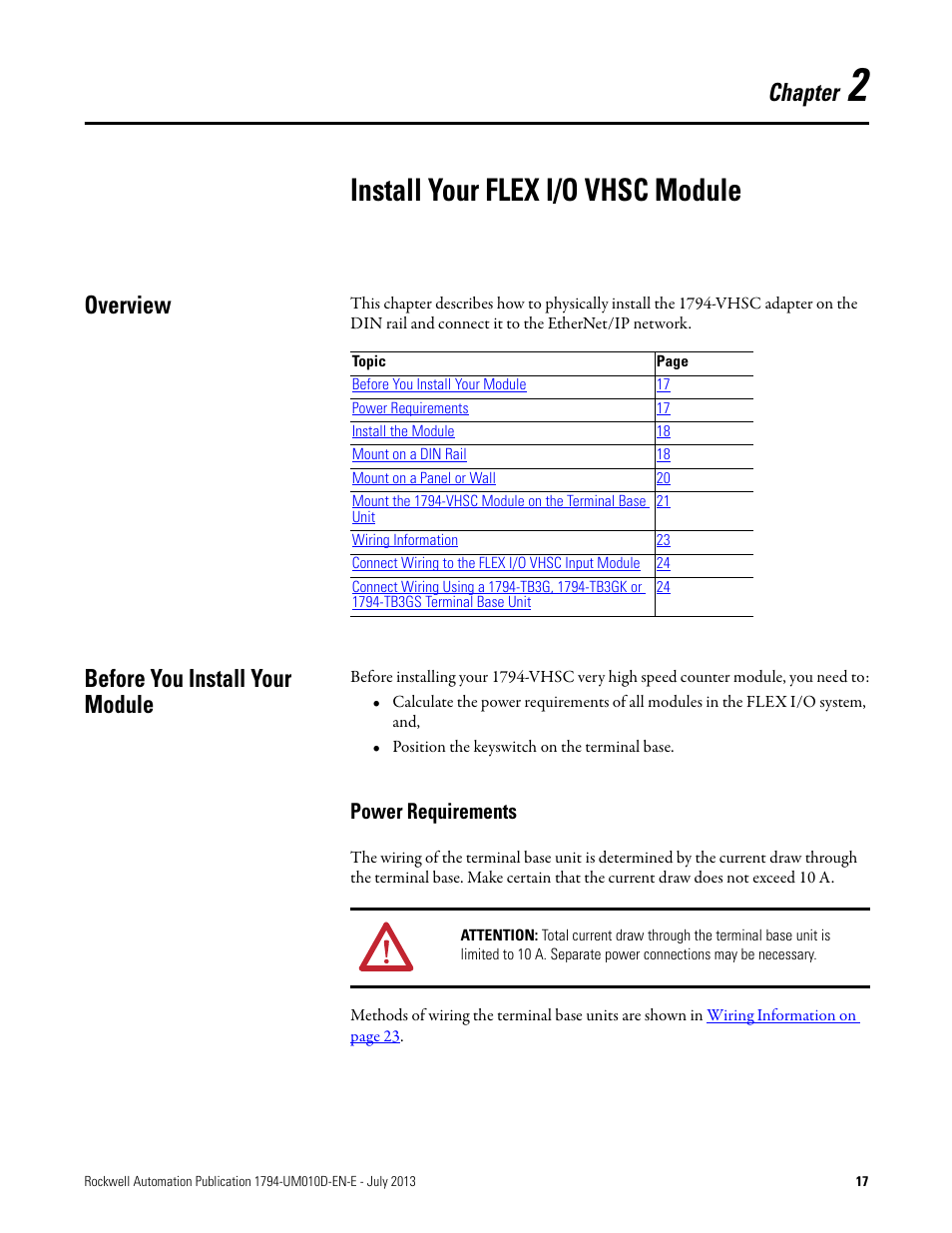 2 – install your flex i/o vhsc module, Overview, Before you install your module | Power requirements, Install your flex i/o vhsc module, Overview before you install your module, Chapter | Rockwell Automation 1794-VHSC 1794 FLEX I/O Very High Speed Counter Module User Manual User Manual | Page 25 / 68
