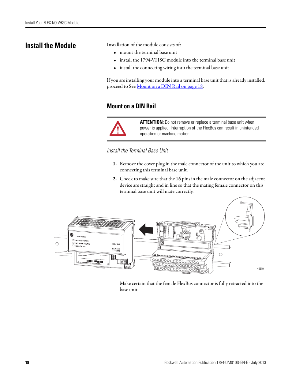 Install the module, Mount on a din rail, Install the terminal base unit | Rockwell Automation 1794-VHSC 1794 FLEX I/O Very High Speed Counter Module User Manual User Manual | Page 26 / 68