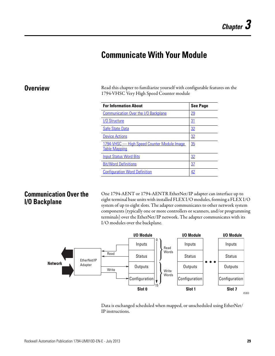3 – communicate with your module, Overview, Communication over the i/o backplane | Communicate with your module, Overview communication over the i/o backplane, Chapter | Rockwell Automation 1794-VHSC 1794 FLEX I/O Very High Speed Counter Module User Manual User Manual | Page 37 / 68