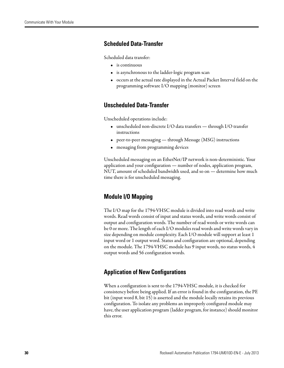 Scheduled data-transfer, Unscheduled data-transfer, Module i/o mapping | Application of new configurations | Rockwell Automation 1794-VHSC 1794 FLEX I/O Very High Speed Counter Module User Manual User Manual | Page 38 / 68