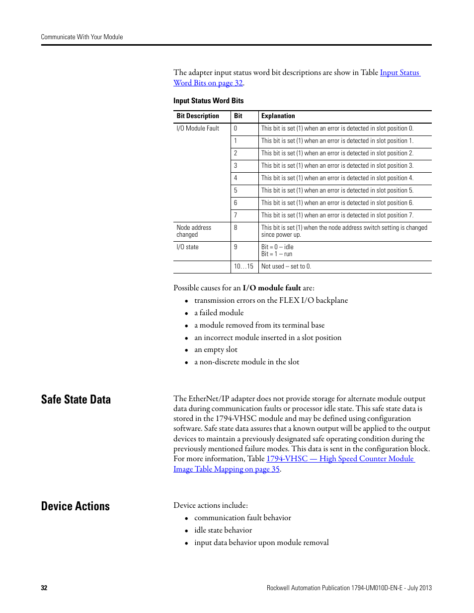 Safe state data, Device actions, Safe state data device actions | Input status word bits | Rockwell Automation 1794-VHSC 1794 FLEX I/O Very High Speed Counter Module User Manual User Manual | Page 40 / 68