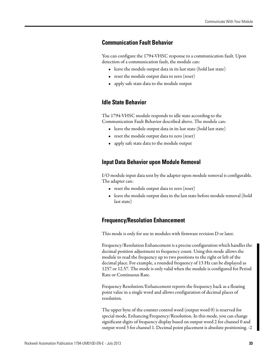 Communication fault behavior, Idle state behavior, Input data behavior upon module removal | Frequency/resolution enhancement | Rockwell Automation 1794-VHSC 1794 FLEX I/O Very High Speed Counter Module User Manual User Manual | Page 41 / 68