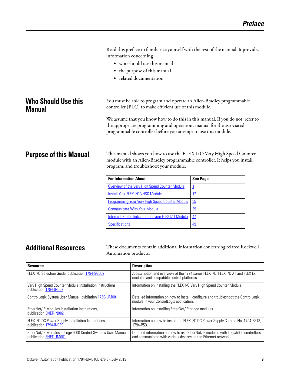 Preface, Who should use this manual, Purpose of this manual | Additional resources | Rockwell Automation 1794-VHSC 1794 FLEX I/O Very High Speed Counter Module User Manual User Manual | Page 5 / 68