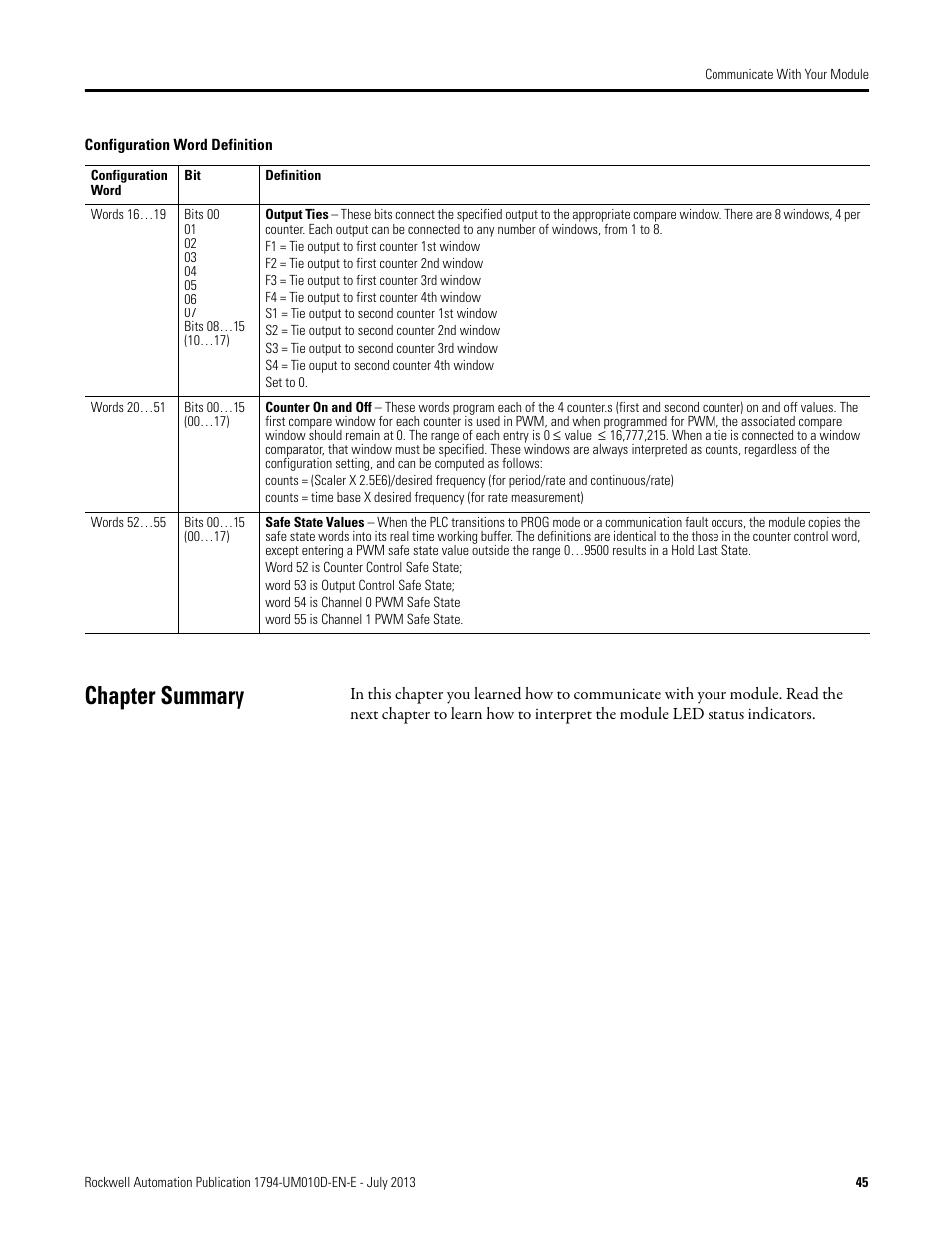 Chapter summary | Rockwell Automation 1794-VHSC 1794 FLEX I/O Very High Speed Counter Module User Manual User Manual | Page 53 / 68