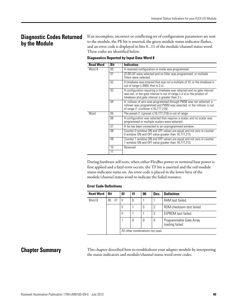 Diagnostic codes returned by the module, Chapter summary | Rockwell Automation 1794-VHSC 1794 FLEX I/O Very High Speed Counter Module User Manual User Manual | Page 57 / 68