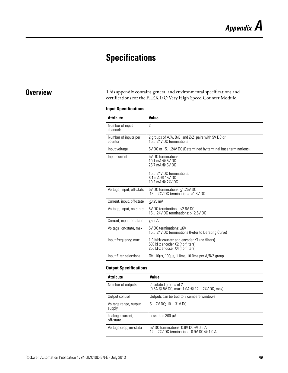 A – specifications, Overview, Specifications | Appendix b, Appendix | Rockwell Automation 1794-VHSC 1794 FLEX I/O Very High Speed Counter Module User Manual User Manual | Page 59 / 68