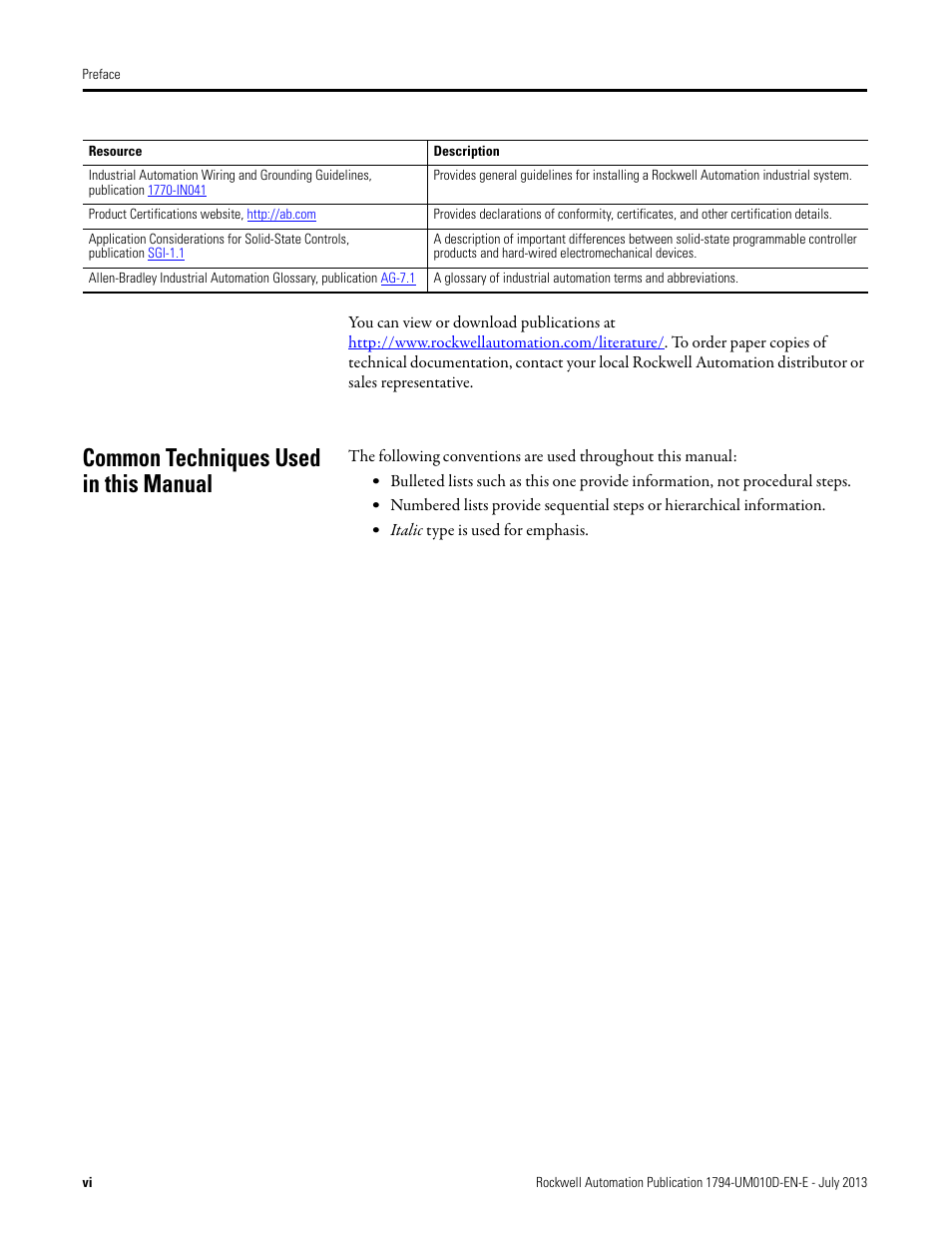 Common techniques used in this manual | Rockwell Automation 1794-VHSC 1794 FLEX I/O Very High Speed Counter Module User Manual User Manual | Page 6 / 68