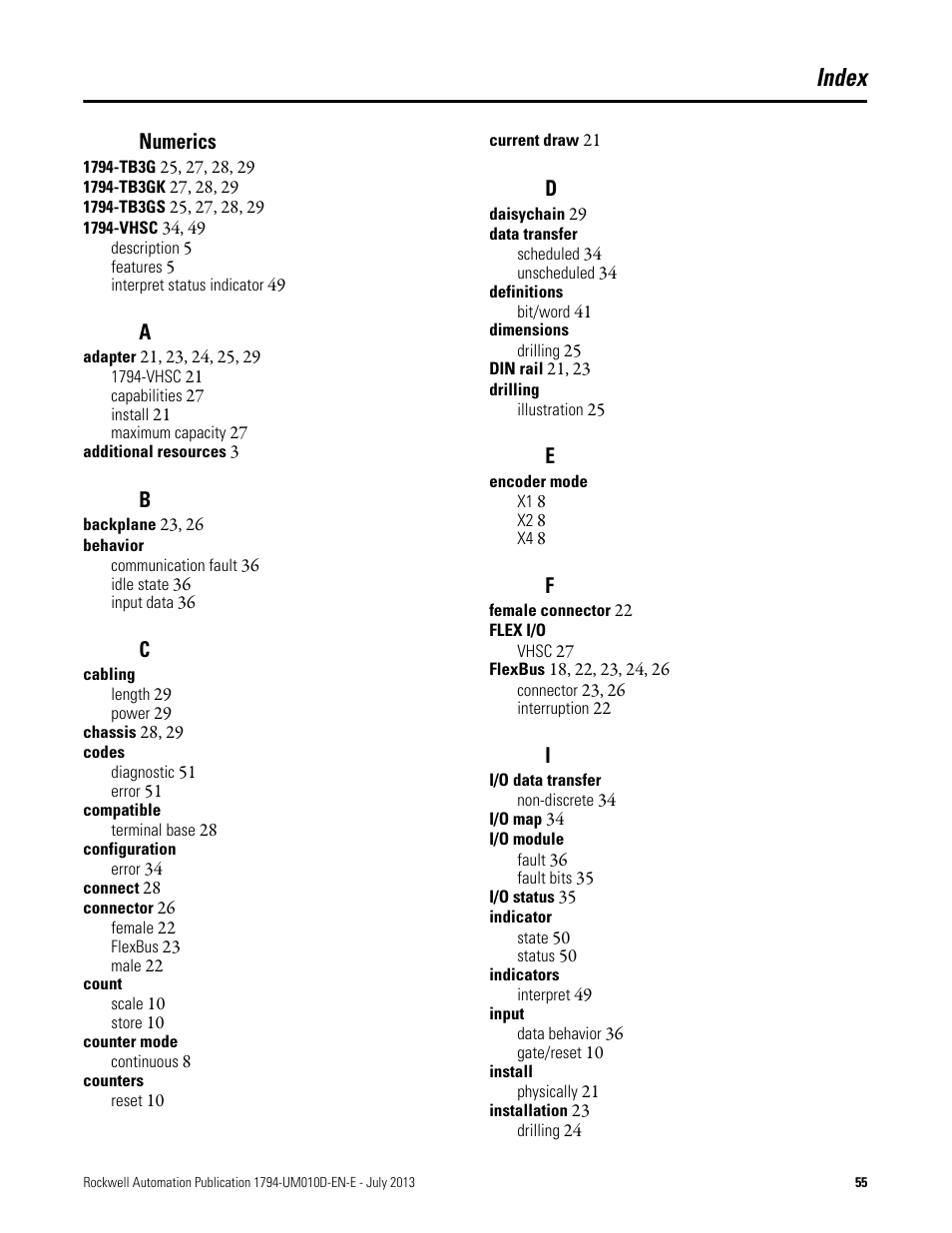 Index | Rockwell Automation 1794-VHSC 1794 FLEX I/O Very High Speed Counter Module User Manual User Manual | Page 65 / 68