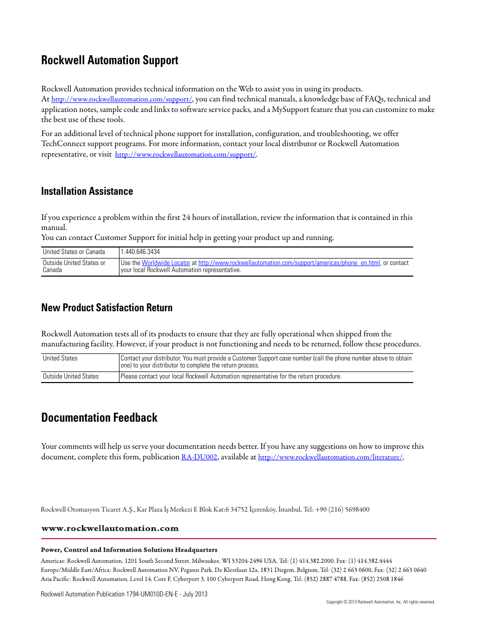 Rockwell automation support, Documentation feedback, Installation assistance | New product satisfaction return | Rockwell Automation 1794-VHSC 1794 FLEX I/O Very High Speed Counter Module User Manual User Manual | Page 68 / 68