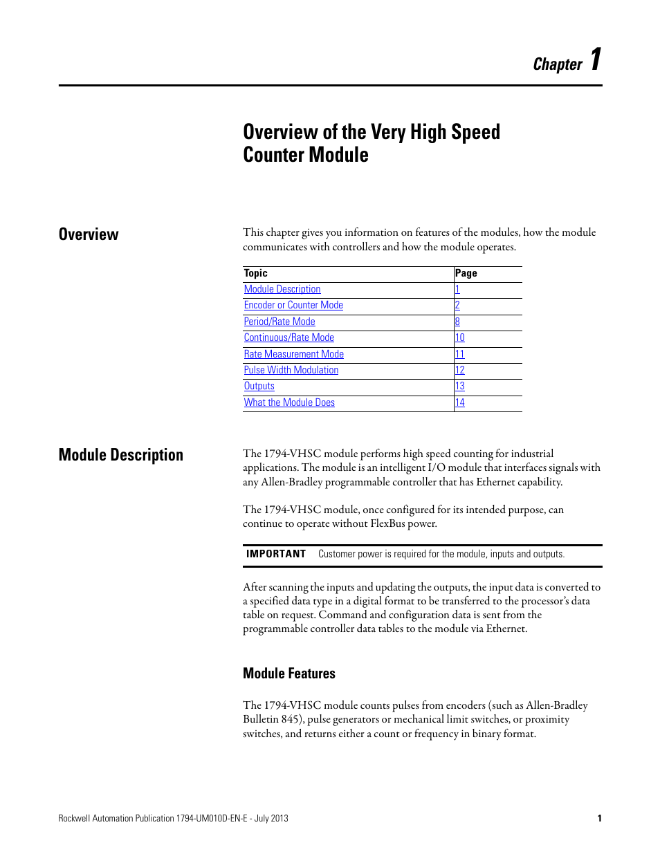 1 – overview of the very high speed counter module, Overview, Module description | Module features, Overview of the very high speed counter module, Overview module description, Chapter | Rockwell Automation 1794-VHSC 1794 FLEX I/O Very High Speed Counter Module User Manual User Manual | Page 9 / 68