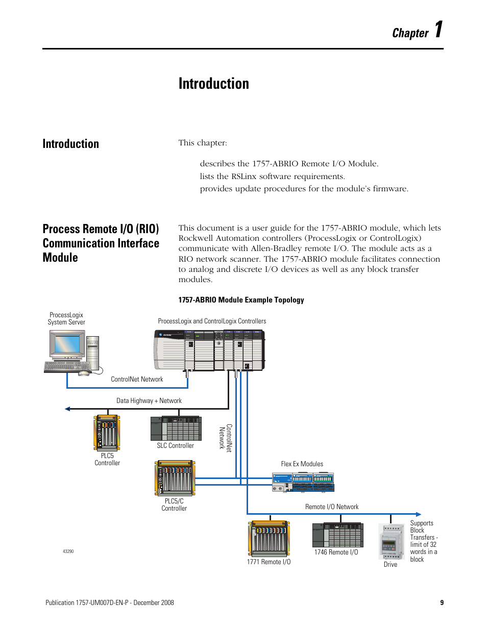 1 - introduction, Introduction, Chapter 1 | Chapter | Rockwell Automation 1757-ABRIO Process Remote I/O (RIO) Communication Interface Module User Manual | Page 11 / 160