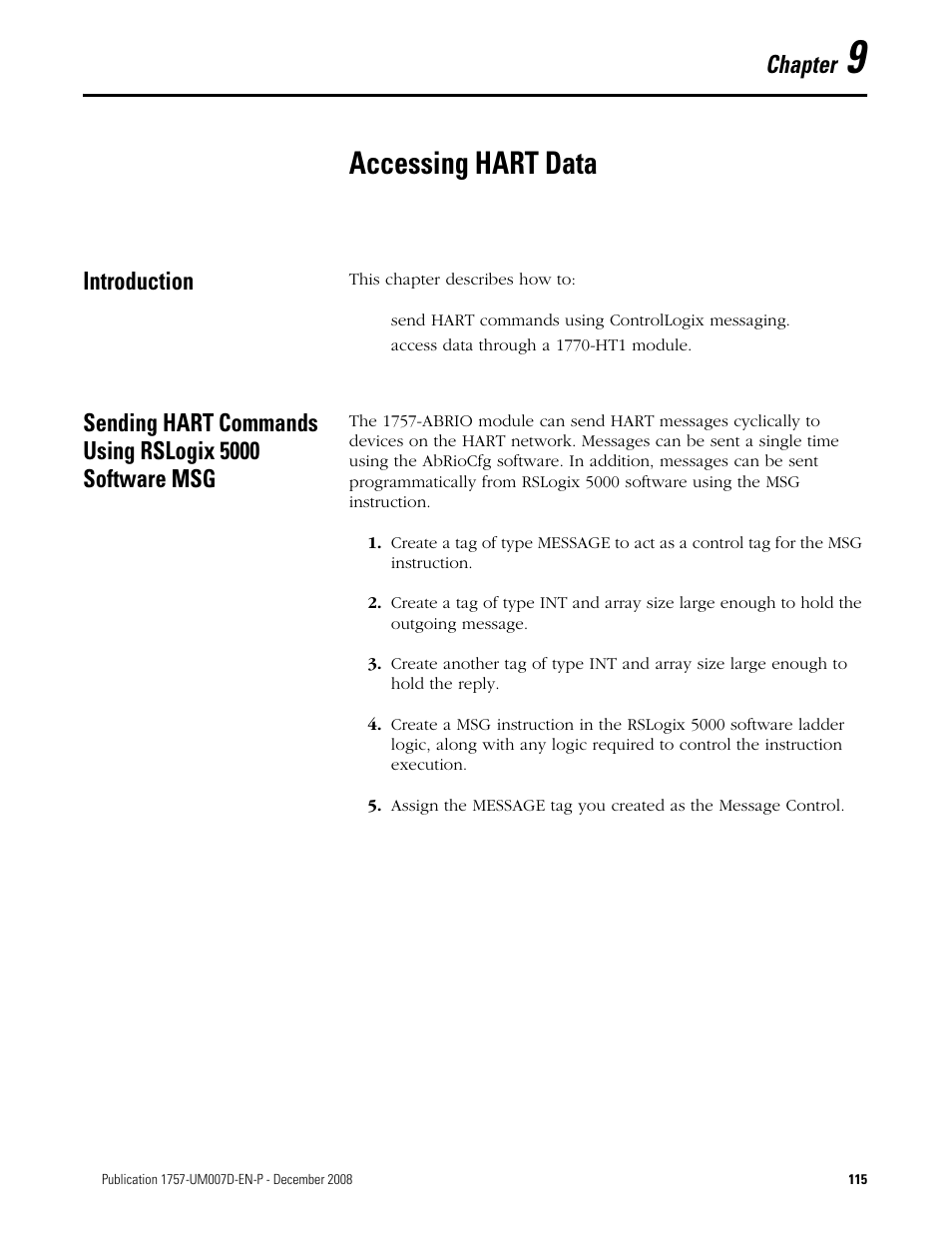 9 - accessing hart data, Introduction, Chapter 9 | Accessing hart data, Accessing hart data on, Chapter | Rockwell Automation 1757-ABRIO Process Remote I/O (RIO) Communication Interface Module User Manual | Page 117 / 160