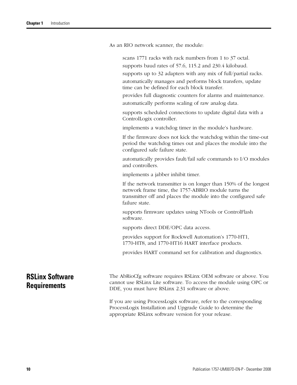 Rslinx software requirements | Rockwell Automation 1757-ABRIO Process Remote I/O (RIO) Communication Interface Module User Manual | Page 12 / 160