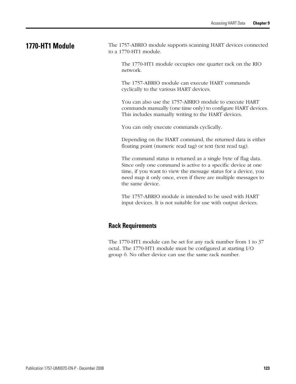 1770-ht1 module, Rack requirements | Rockwell Automation 1757-ABRIO Process Remote I/O (RIO) Communication Interface Module User Manual | Page 125 / 160