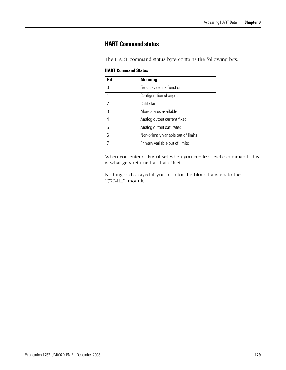 Hart command status | Rockwell Automation 1757-ABRIO Process Remote I/O (RIO) Communication Interface Module User Manual | Page 131 / 160