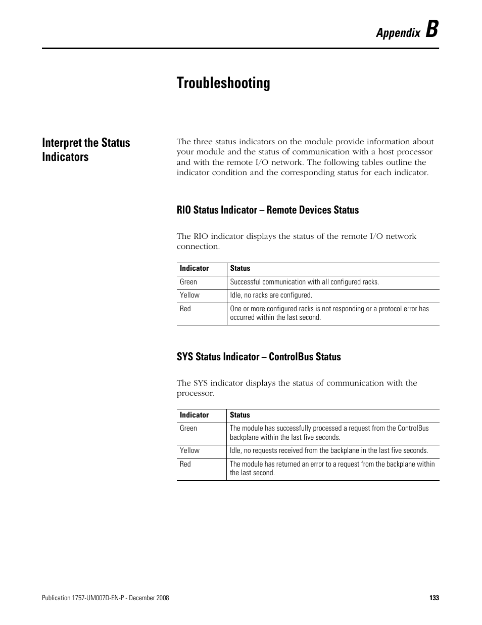 B - troubleshooting, Interpret the status indicators, Rio status indicator - remote devices status | Sys status indicator - controlbus status, Appendix b, Troubleshooting, Appendix | Rockwell Automation 1757-ABRIO Process Remote I/O (RIO) Communication Interface Module User Manual | Page 135 / 160