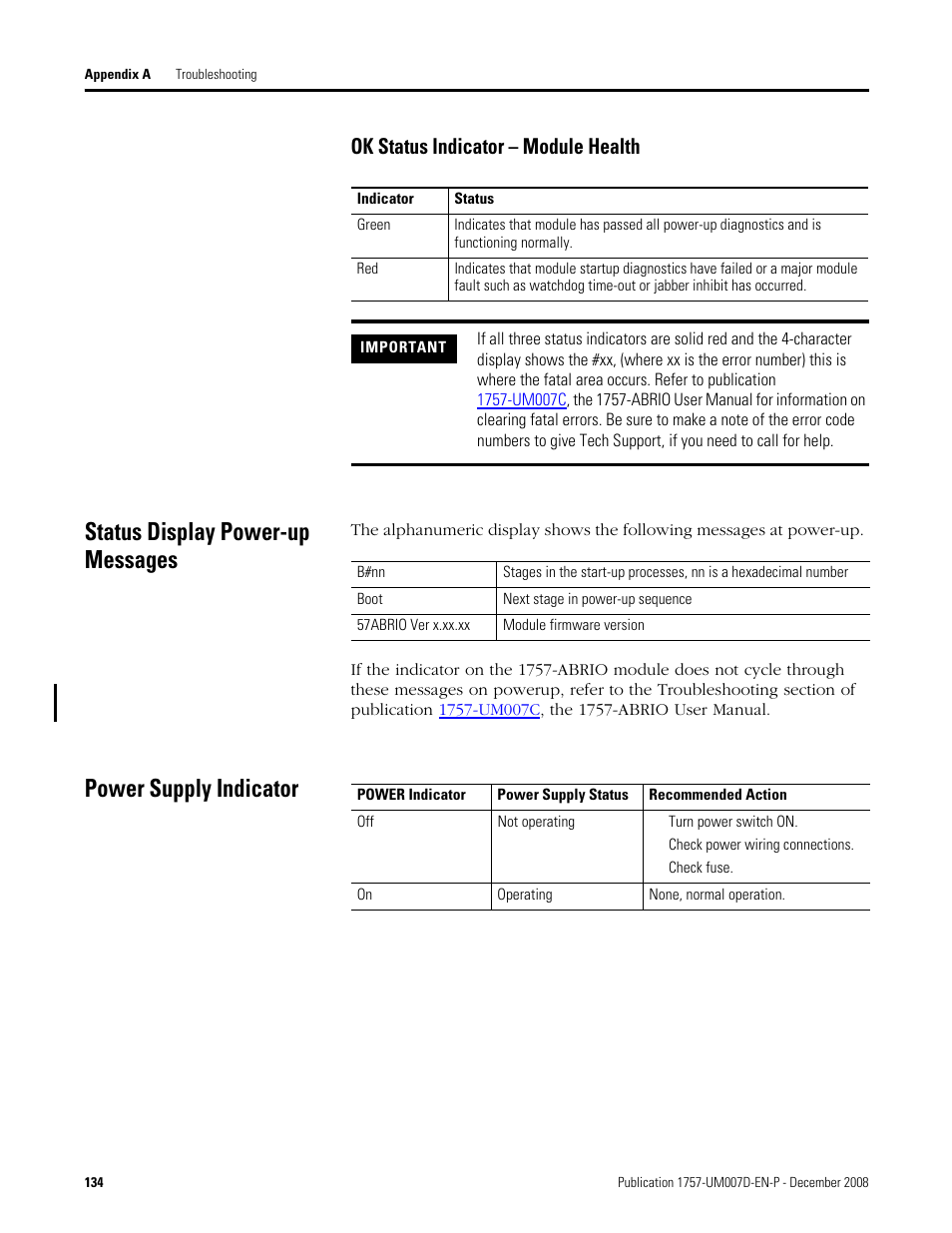 Ok status indicator - module health, Status display power-up messages, Power supply indicator | Ok status indicator – module health | Rockwell Automation 1757-ABRIO Process Remote I/O (RIO) Communication Interface Module User Manual | Page 136 / 160