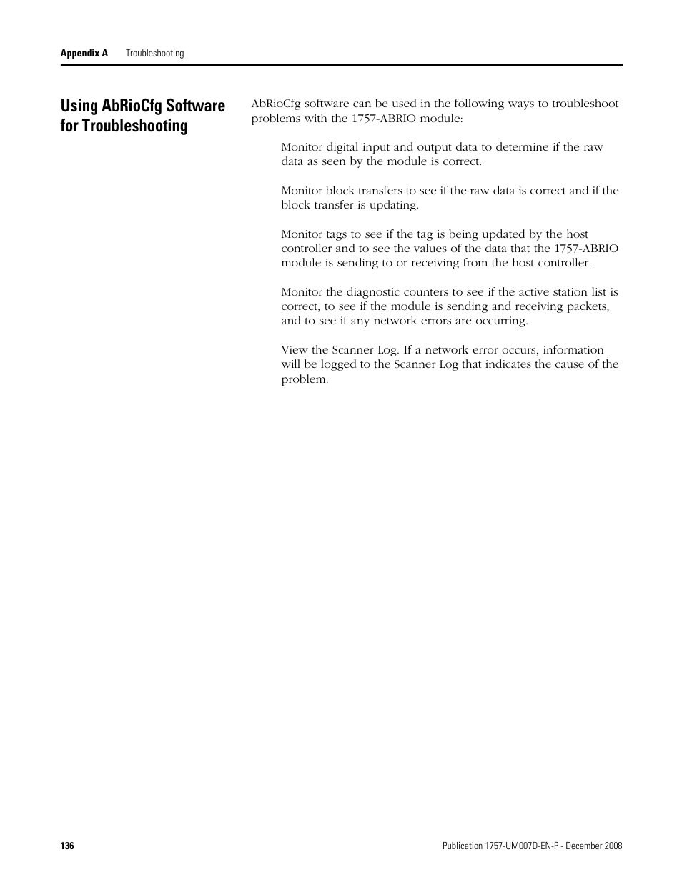 Using abriocfg software for troubleshooting | Rockwell Automation 1757-ABRIO Process Remote I/O (RIO) Communication Interface Module User Manual | Page 138 / 160