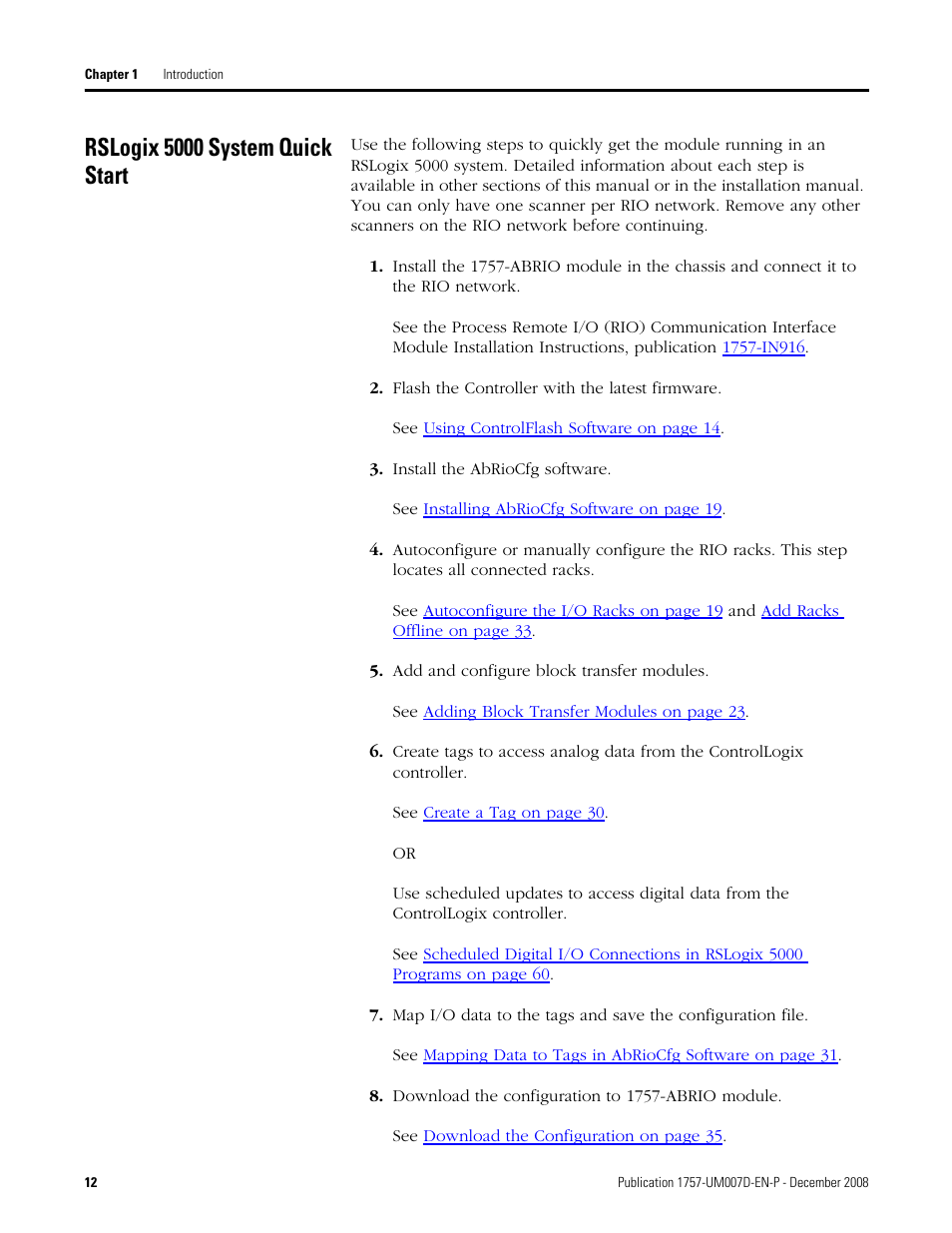 Rslogix 5000 system quick start | Rockwell Automation 1757-ABRIO Process Remote I/O (RIO) Communication Interface Module User Manual | Page 14 / 160