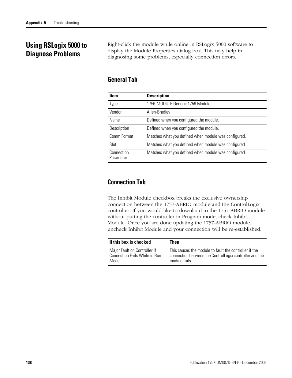 Using rslogix 5000 to diagnose problems, General tab, Connection tab | General tab connection tab | Rockwell Automation 1757-ABRIO Process Remote I/O (RIO) Communication Interface Module User Manual | Page 140 / 160