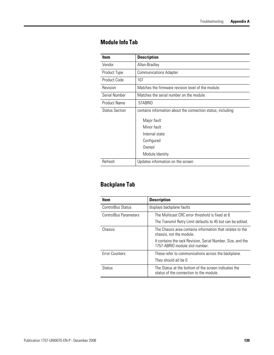 Module info tab, Backplane tab, Module info tab backplane tab | Rockwell Automation 1757-ABRIO Process Remote I/O (RIO) Communication Interface Module User Manual | Page 141 / 160