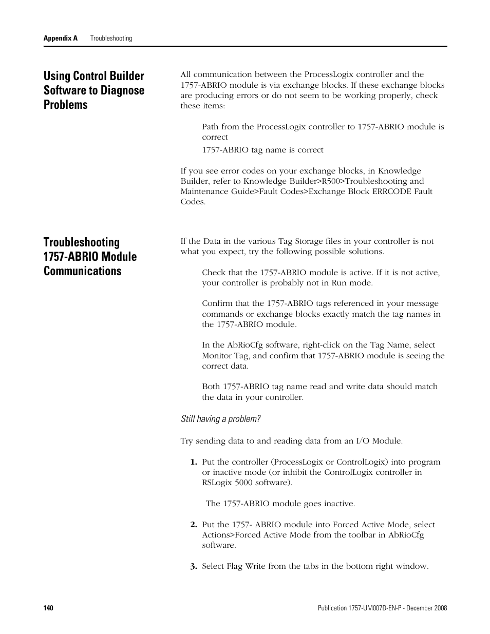 Troubleshooting 1757-abrio module communications | Rockwell Automation 1757-ABRIO Process Remote I/O (RIO) Communication Interface Module User Manual | Page 142 / 160