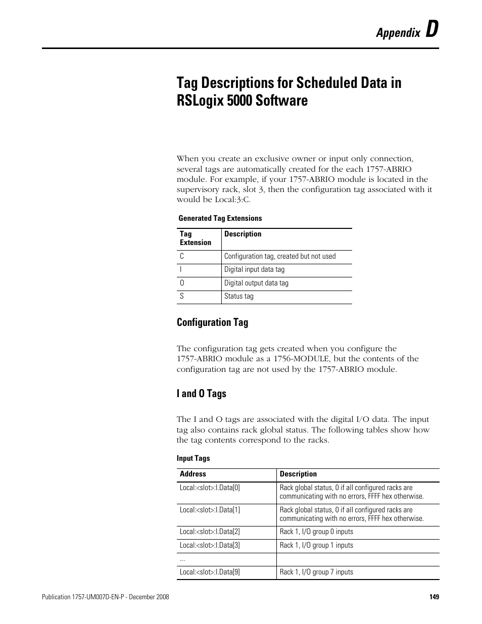 Configuration tag, I and o tags, Appendix d | Configuration tag i and o tags, For details, Appendix | Rockwell Automation 1757-ABRIO Process Remote I/O (RIO) Communication Interface Module User Manual | Page 151 / 160