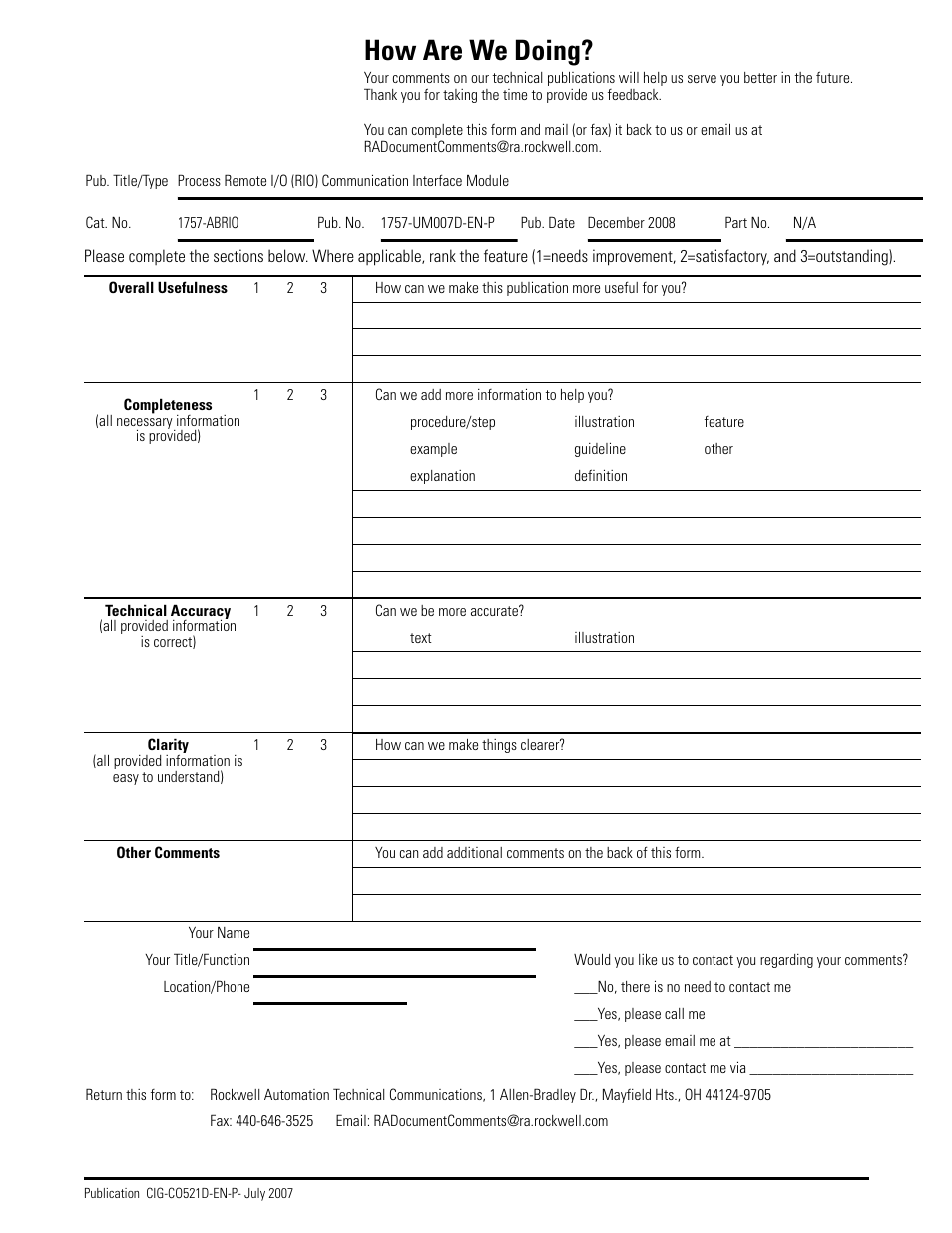 How are we doing | Rockwell Automation 1757-ABRIO Process Remote I/O (RIO) Communication Interface Module User Manual | Page 157 / 160