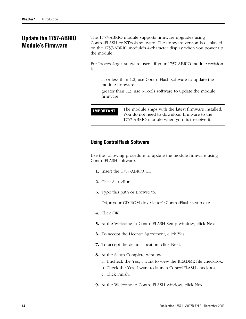 Update the 1757-abrio module’s firmware, Using controlflash software | Rockwell Automation 1757-ABRIO Process Remote I/O (RIO) Communication Interface Module User Manual | Page 16 / 160