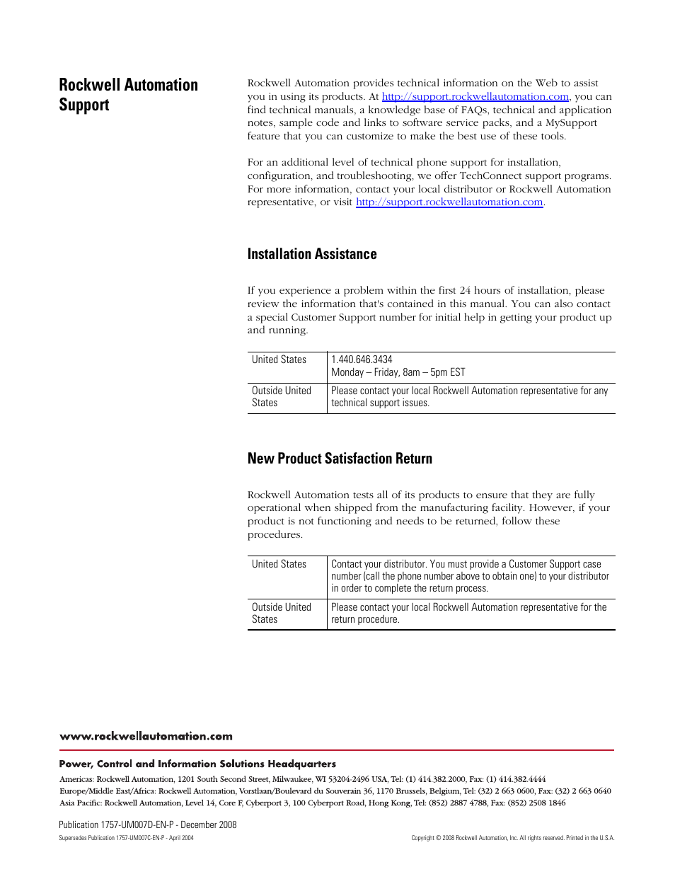 Installation assistance, New product satisfaction return, Back cover | Rockwell automation support | Rockwell Automation 1757-ABRIO Process Remote I/O (RIO) Communication Interface Module User Manual | Page 160 / 160