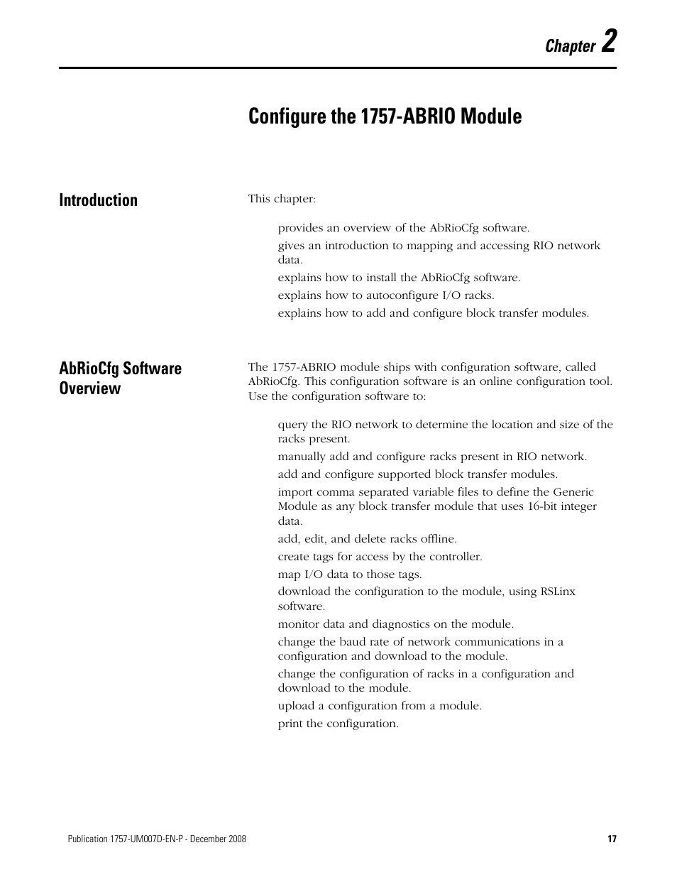 2 - configure the 1757-abrio module, Introduction, Abriocfg software overview | Chapter 2, Configure the 1757-abrio module, Introduction abriocfg software overview, Chapter | Rockwell Automation 1757-ABRIO Process Remote I/O (RIO) Communication Interface Module User Manual | Page 19 / 160