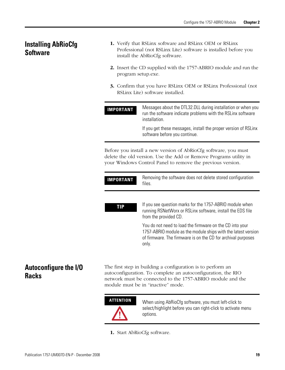 Installing abriocfg software, Autoconfigure the i/o racks | Rockwell Automation 1757-ABRIO Process Remote I/O (RIO) Communication Interface Module User Manual | Page 21 / 160