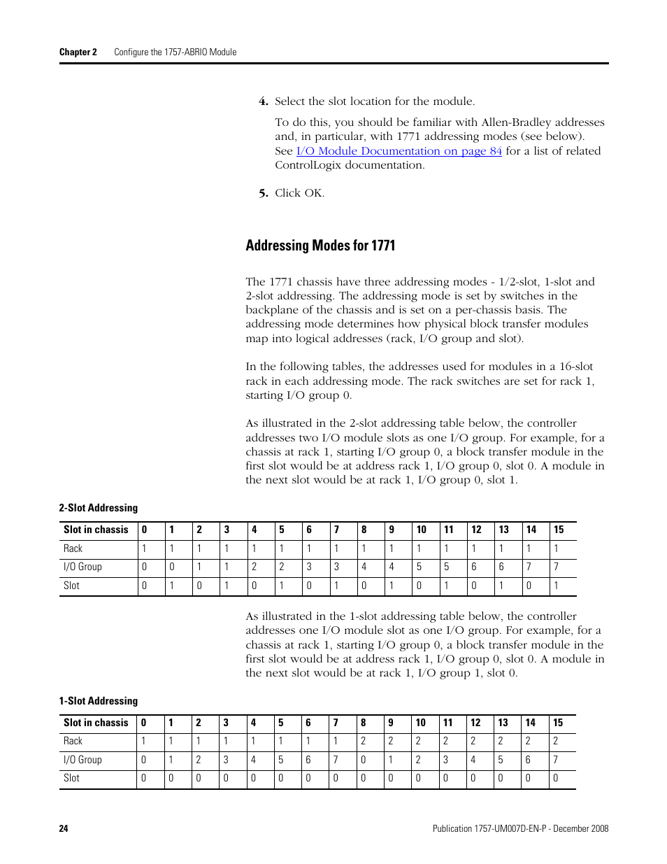 Addressing modes for 1771 | Rockwell Automation 1757-ABRIO Process Remote I/O (RIO) Communication Interface Module User Manual | Page 26 / 160