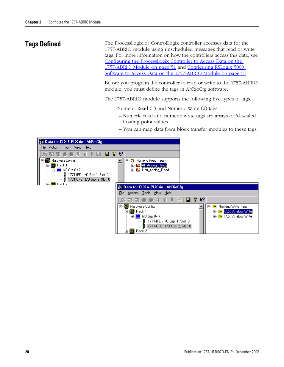 Tags defined | Rockwell Automation 1757-ABRIO Process Remote I/O (RIO) Communication Interface Module User Manual | Page 30 / 160