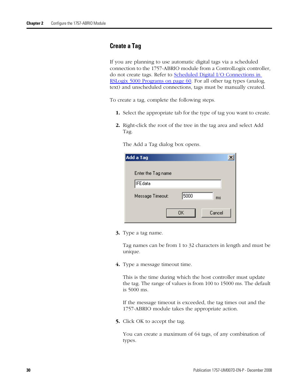 Create a tag | Rockwell Automation 1757-ABRIO Process Remote I/O (RIO) Communication Interface Module User Manual | Page 32 / 160