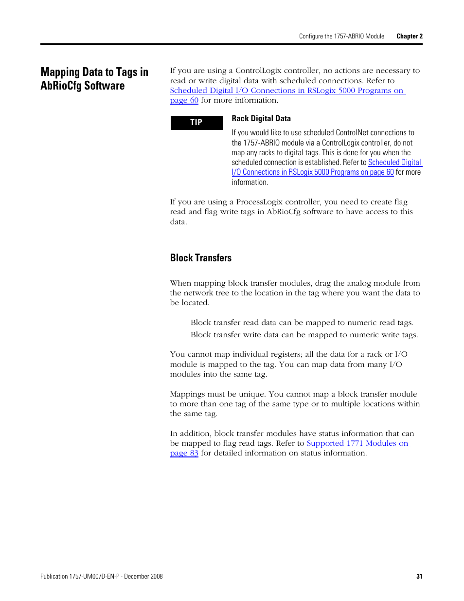 Mapping data to tags in abriocfg software, Block transfers | Rockwell Automation 1757-ABRIO Process Remote I/O (RIO) Communication Interface Module User Manual | Page 33 / 160