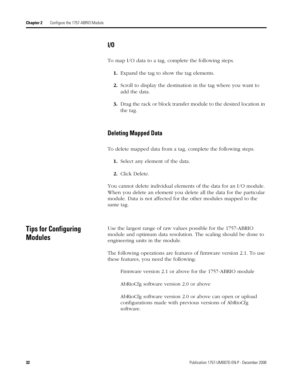 Deleting mapped data, Tips for configuring modules, I/o deleting mapped data | Rockwell Automation 1757-ABRIO Process Remote I/O (RIO) Communication Interface Module User Manual | Page 34 / 160