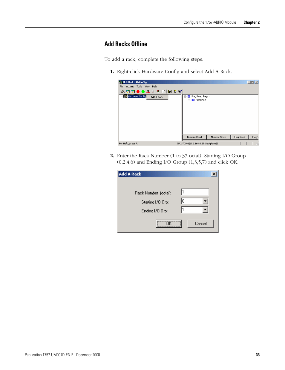 Add racks offline, Add racks | Rockwell Automation 1757-ABRIO Process Remote I/O (RIO) Communication Interface Module User Manual | Page 35 / 160