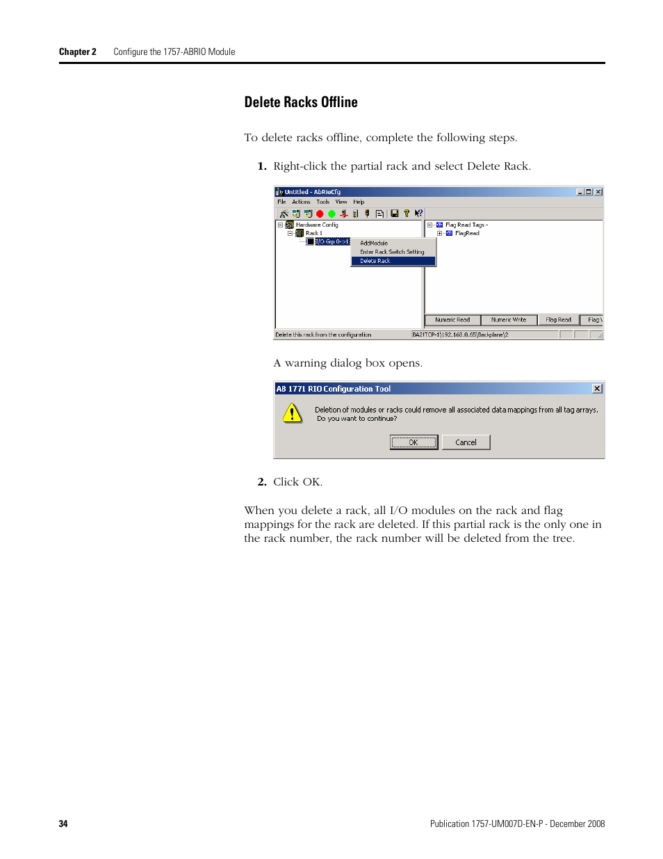 Delete racks offline | Rockwell Automation 1757-ABRIO Process Remote I/O (RIO) Communication Interface Module User Manual | Page 36 / 160