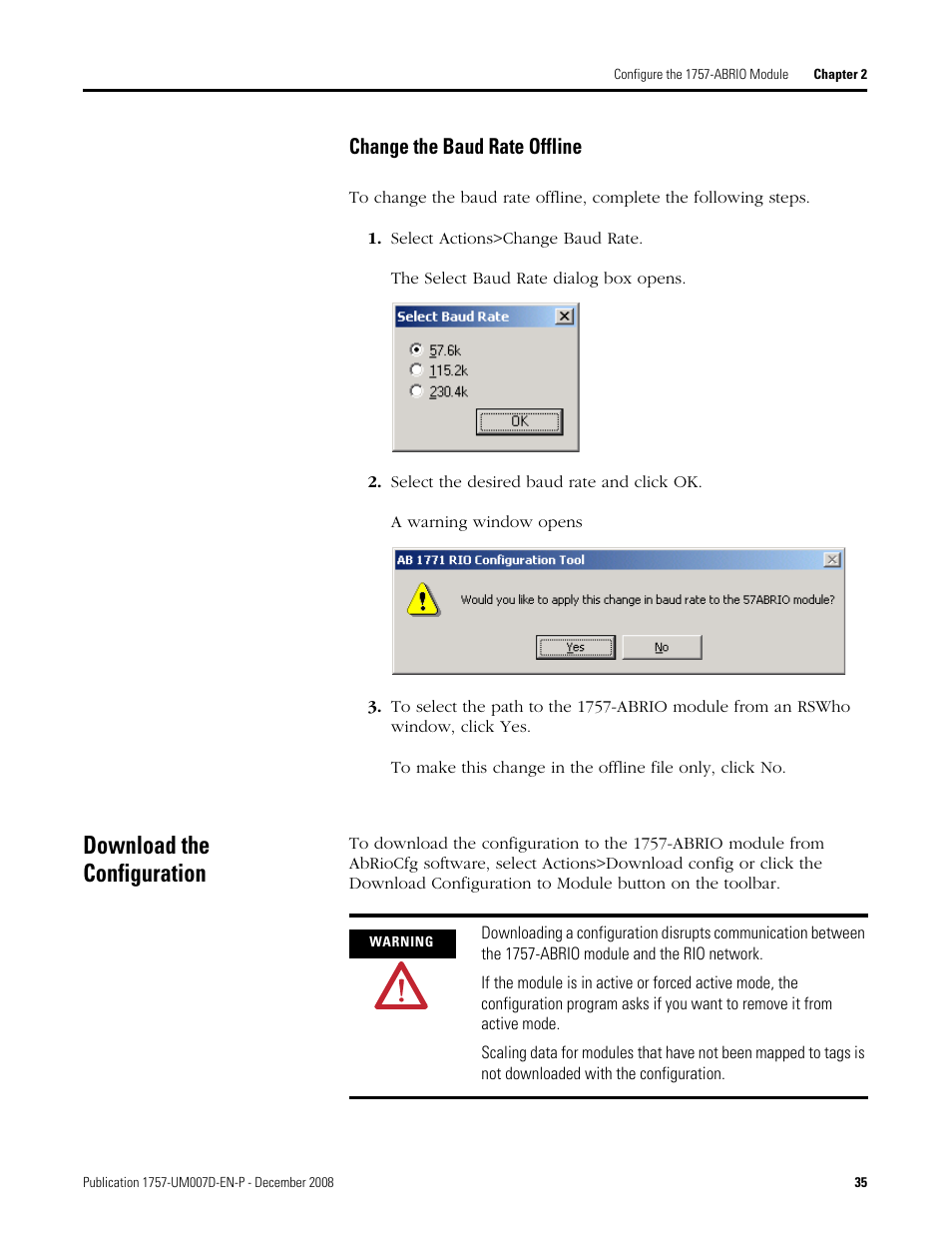 Change the baud rate offline, Download the configuration | Rockwell Automation 1757-ABRIO Process Remote I/O (RIO) Communication Interface Module User Manual | Page 37 / 160