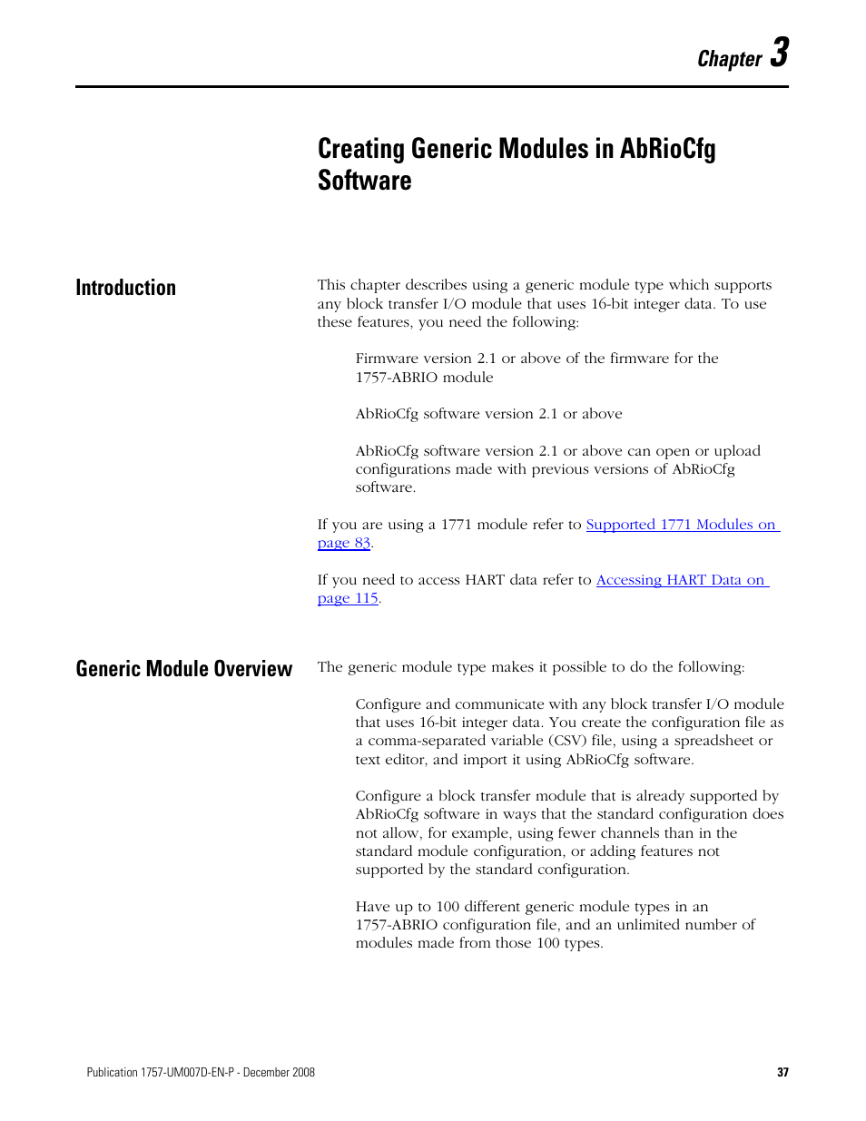 3 - creating generic modules in abriocfg software, Introduction, Generic module overview | Chapter 3, Creating generic modules in abriocfg software, Introduction generic module overview, Chapter | Rockwell Automation 1757-ABRIO Process Remote I/O (RIO) Communication Interface Module User Manual | Page 39 / 160