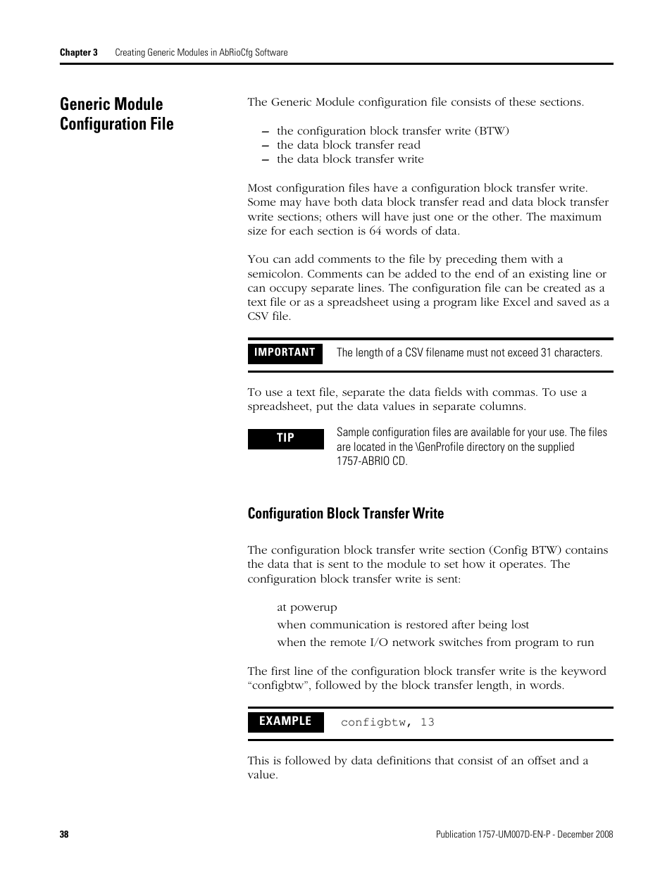 Generic module configuration file, Configuration block transfer write | Rockwell Automation 1757-ABRIO Process Remote I/O (RIO) Communication Interface Module User Manual | Page 40 / 160