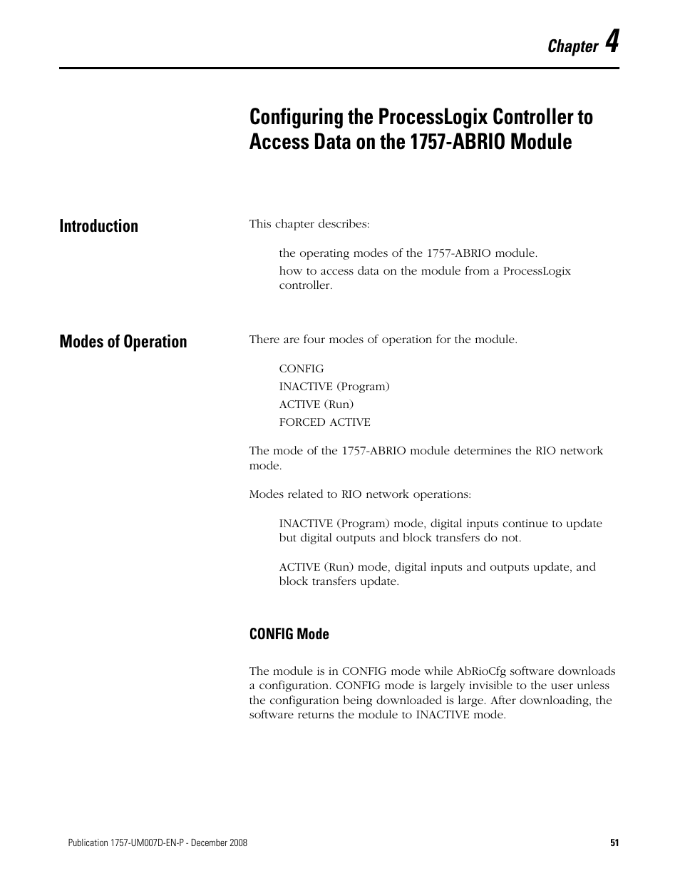 Introduction, Modes of operation, Config mode | Chapter 4, Introduction modes of operation, Chapter | Rockwell Automation 1757-ABRIO Process Remote I/O (RIO) Communication Interface Module User Manual | Page 53 / 160